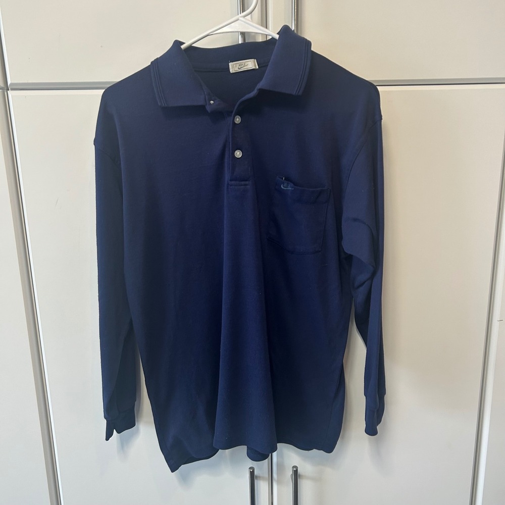 Vintage Nike Long Sleeve Polo Shirt Navy Blue Embroidered Swoosh Pocket Mens‎ L